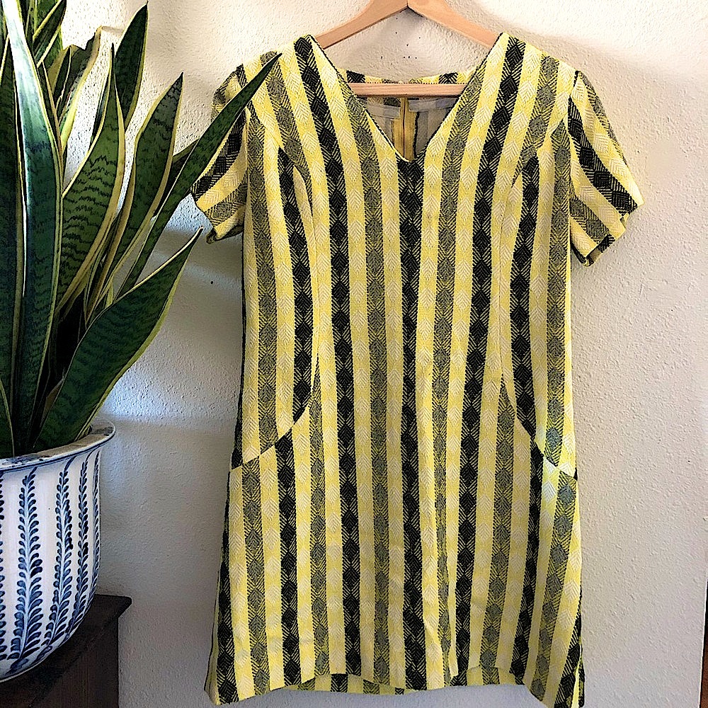 Vintage yellow striped shift dress poly wool mini
